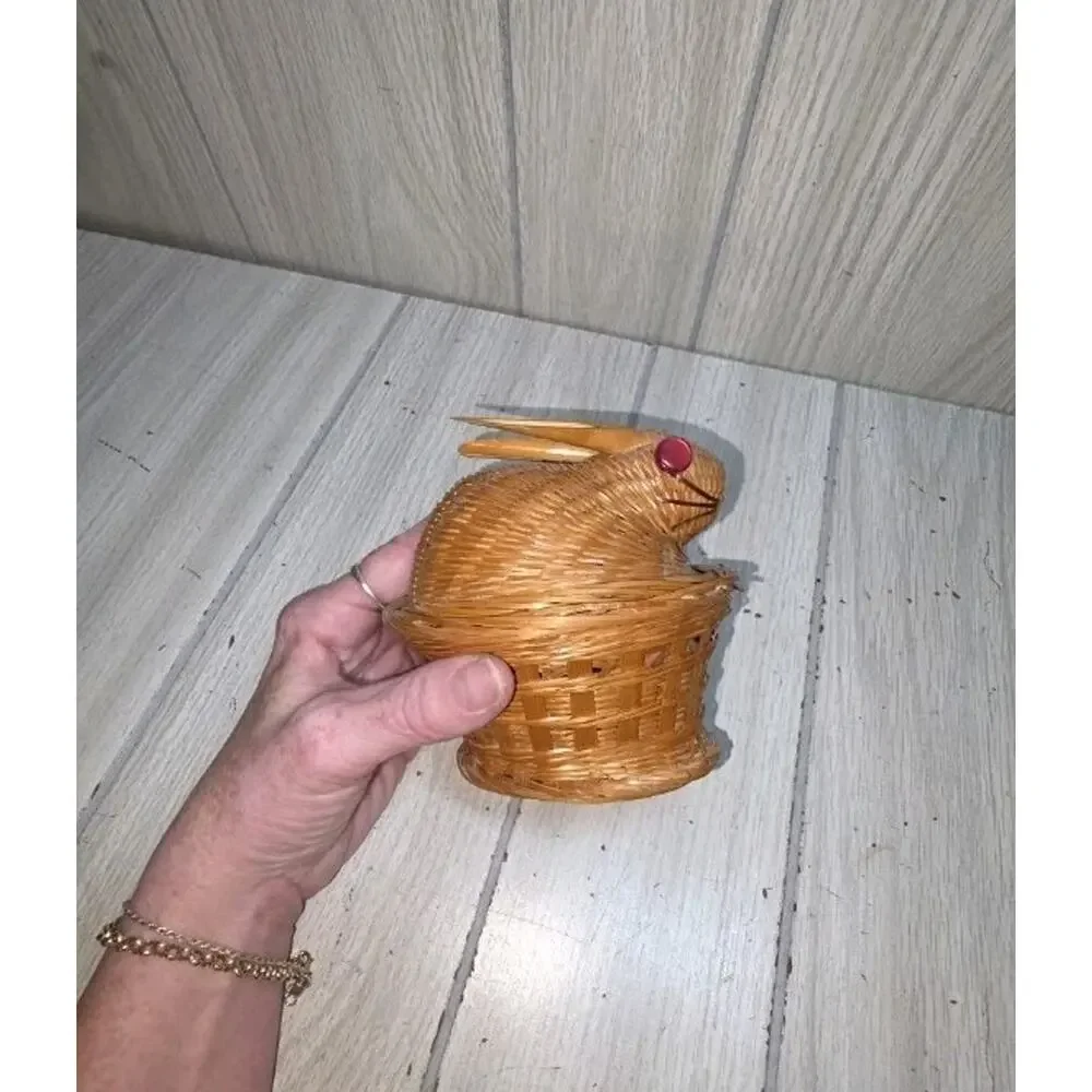 Bunny Rabbit Wicker Basket with Lid Vintage Home Decor 5” Countrycore Rustic